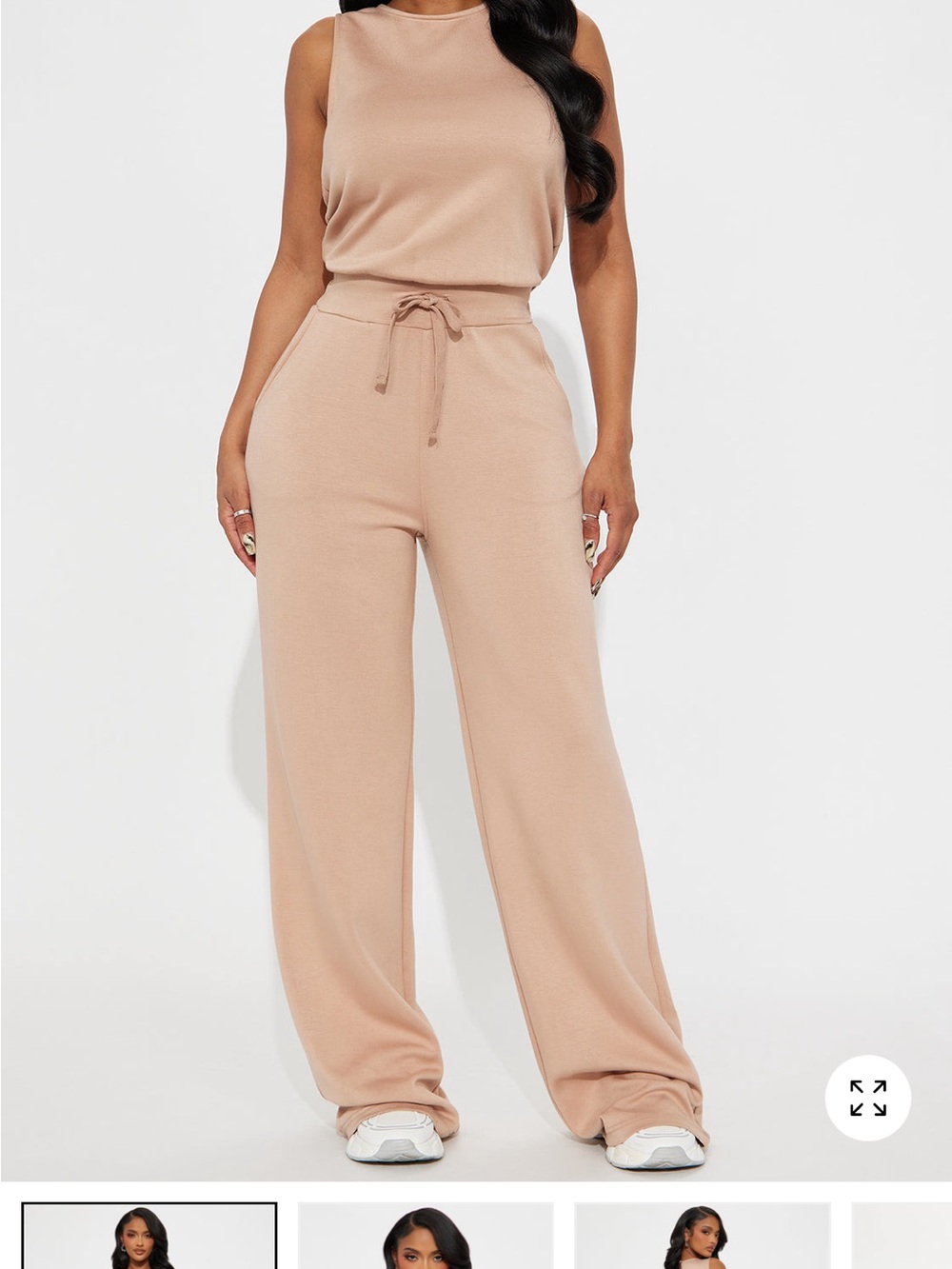 Fashion Nova Sleeveless Wide-Leg Jumpsuit in Beige